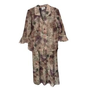 VTG Sheer Floral Midi dress Size 12P Jacket Ruffle Iridescent Fairycore Petite